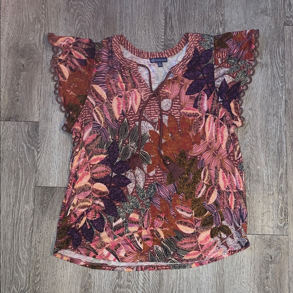 Democracy Multicolor Leaf Print Top blouse tassel flutter sleeve boho X-Large